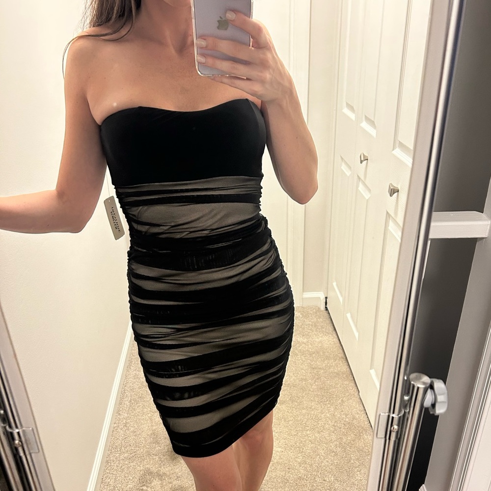 Black ruched dress with tan slip